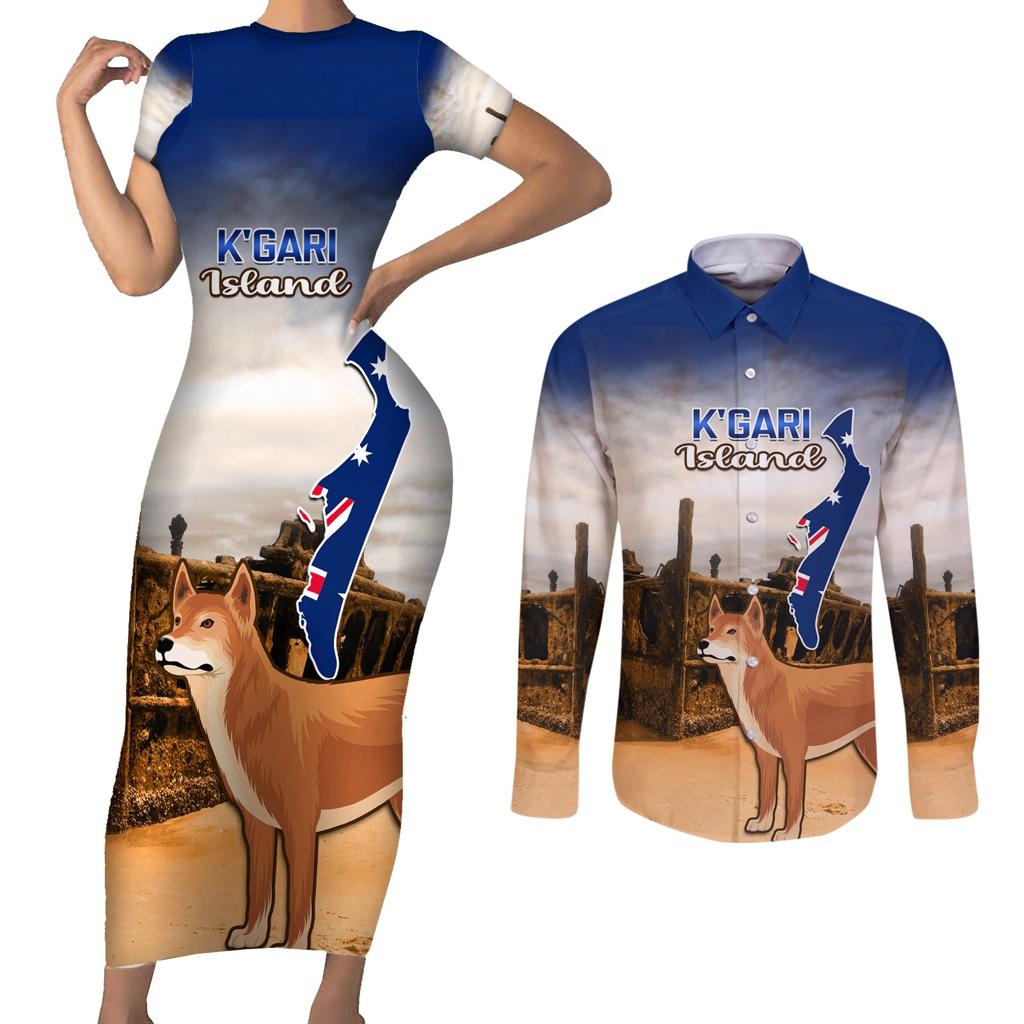 Australia Fraser Island Couples Matching Short Sleeve Bodycon Dress and Long Sleeve Button Shirt Dingo With Maheno Shipwreck K'gari Proud