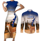 Australia Fraser Island Couples Matching Short Sleeve Bodycon Dress and Long Sleeve Button Shirt Dingo With Maheno Shipwreck K'gari Proud