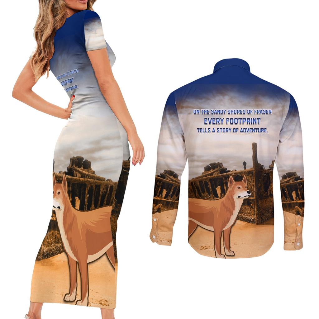 Australia Fraser Island Couples Matching Short Sleeve Bodycon Dress and Long Sleeve Button Shirt Dingo With Maheno Shipwreck K'gari Proud