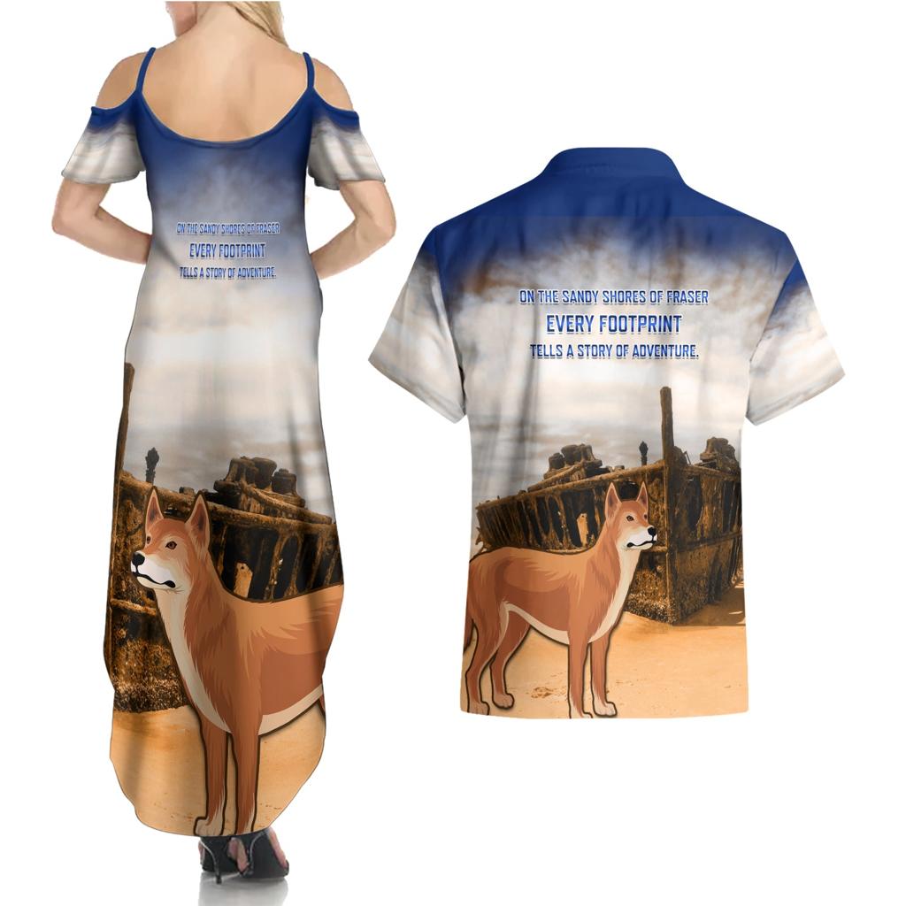 Australia Fraser Island Couples Matching Summer Maxi Dress and Hawaiian Shirt Dingo With Maheno Shipwreck K'gari Proud