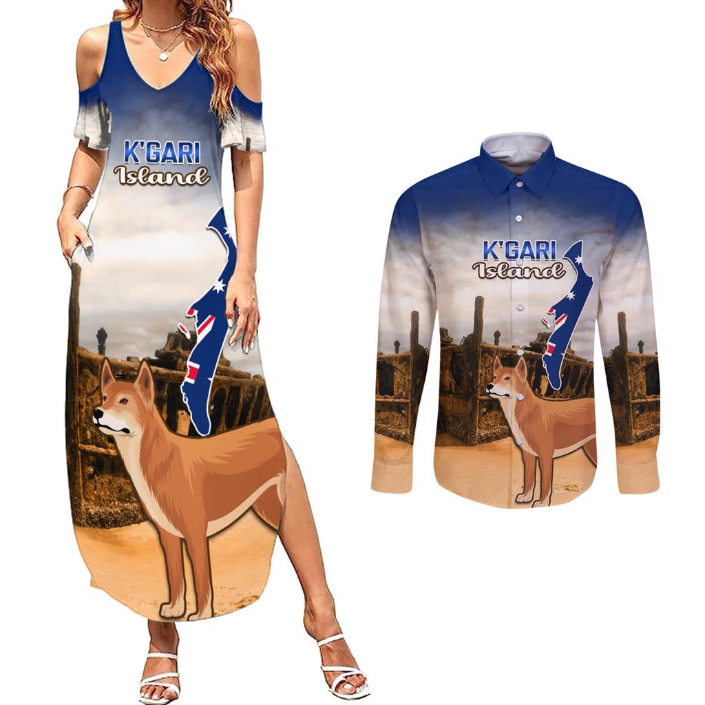 Australia Fraser Island Couples Matching Summer Maxi Dress and Long Sleeve Button Shirt Dingo With Maheno Shipwreck K'gari Proud