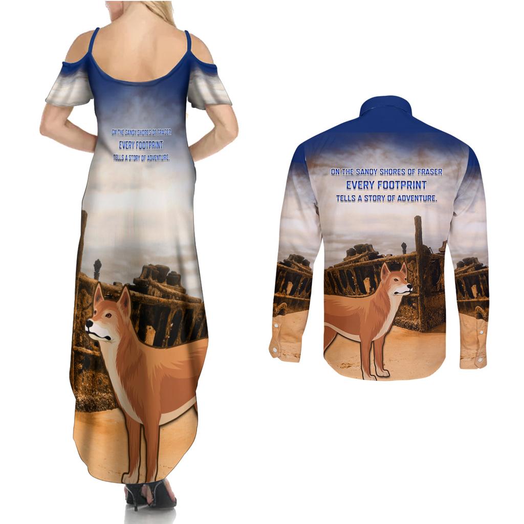 Australia Fraser Island Couples Matching Summer Maxi Dress and Long Sleeve Button Shirt Dingo With Maheno Shipwreck K'gari Proud