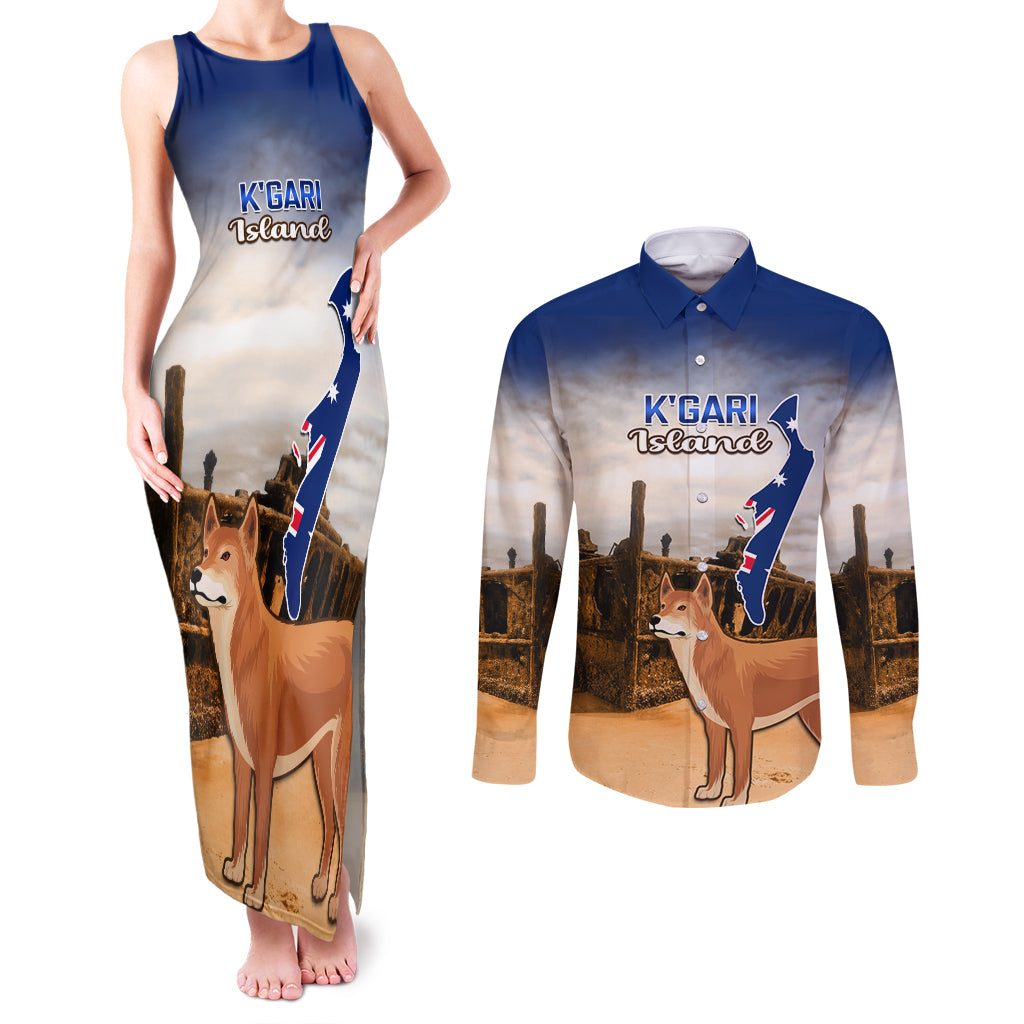 Australia Fraser Island Couples Matching Tank Maxi Dress and Long Sleeve Button Shirt Dingo With Maheno Shipwreck K'gari Proud