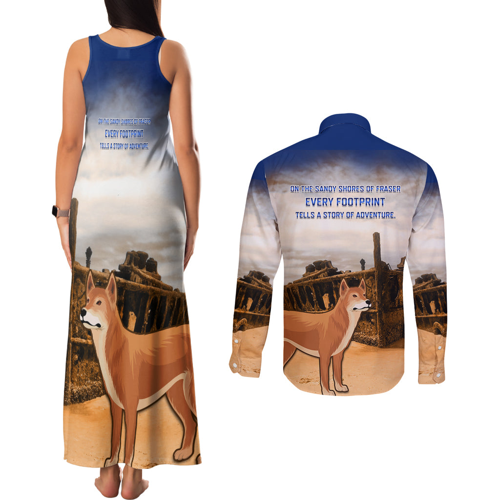 Australia Fraser Island Couples Matching Tank Maxi Dress and Long Sleeve Button Shirt Dingo With Maheno Shipwreck K'gari Proud