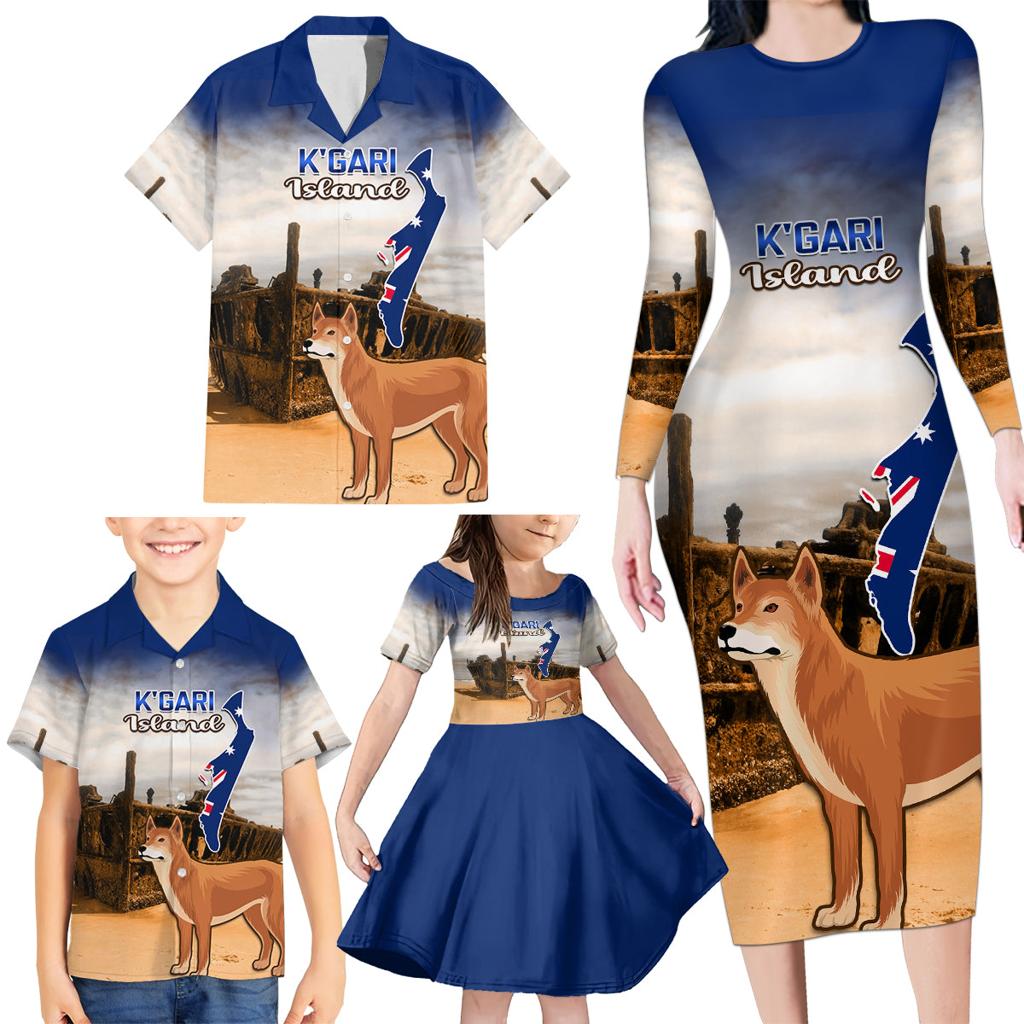 Australia Fraser Island Family Matching Long Sleeve Bodycon Dress and Hawaiian Shirt Dingo With Maheno Shipwreck K'gari Proud