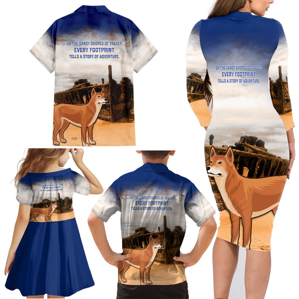 Australia Fraser Island Family Matching Long Sleeve Bodycon Dress and Hawaiian Shirt Dingo With Maheno Shipwreck K'gari Proud