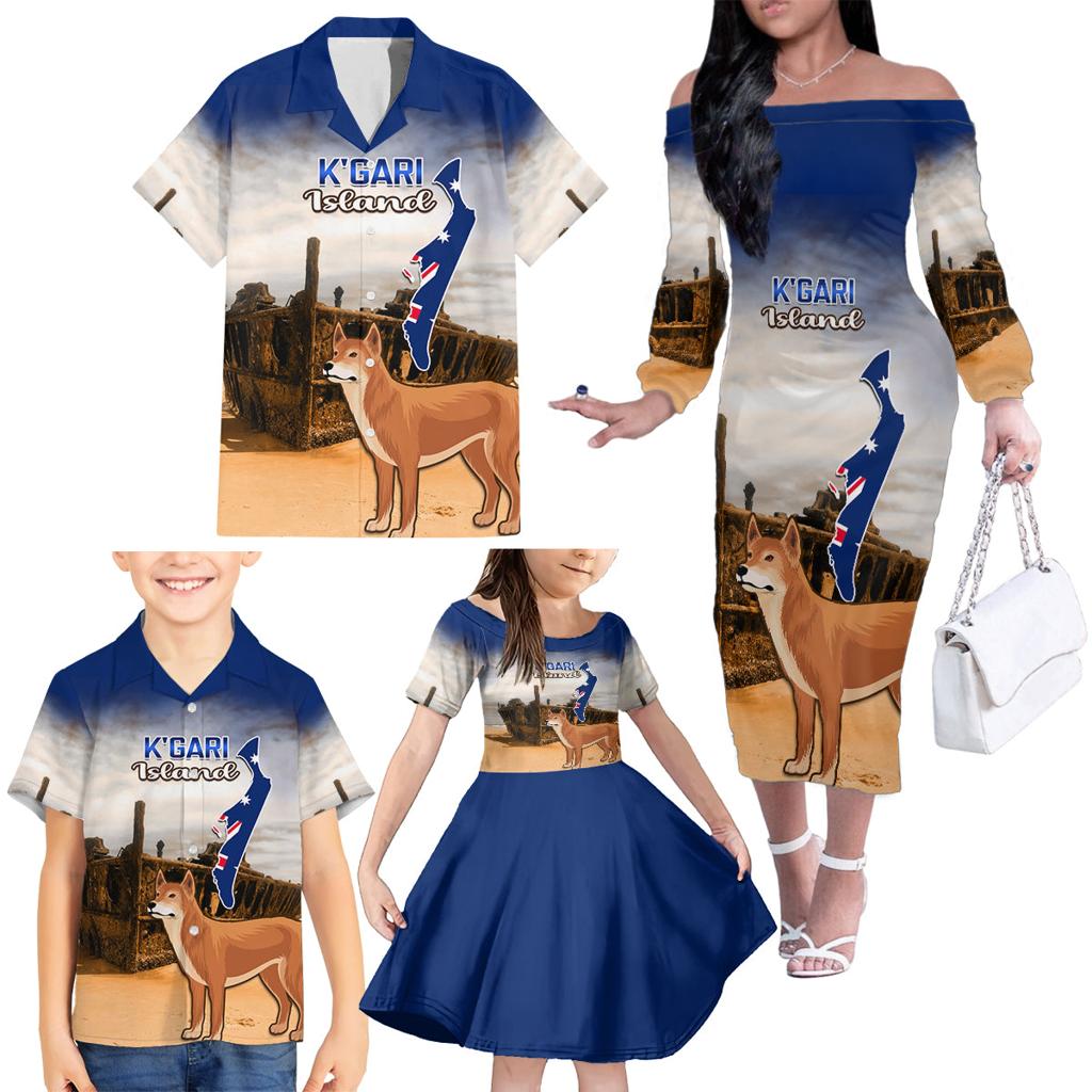 Australia Fraser Island Family Matching Off Shoulder Long Sleeve Dress and Hawaiian Shirt Dingo With Maheno Shipwreck K'gari Proud