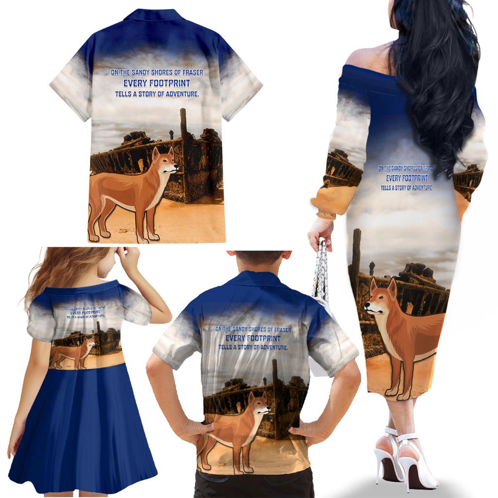 Australia Fraser Island Family Matching Off Shoulder Long Sleeve Dress and Hawaiian Shirt Dingo With Maheno Shipwreck K'gari Proud