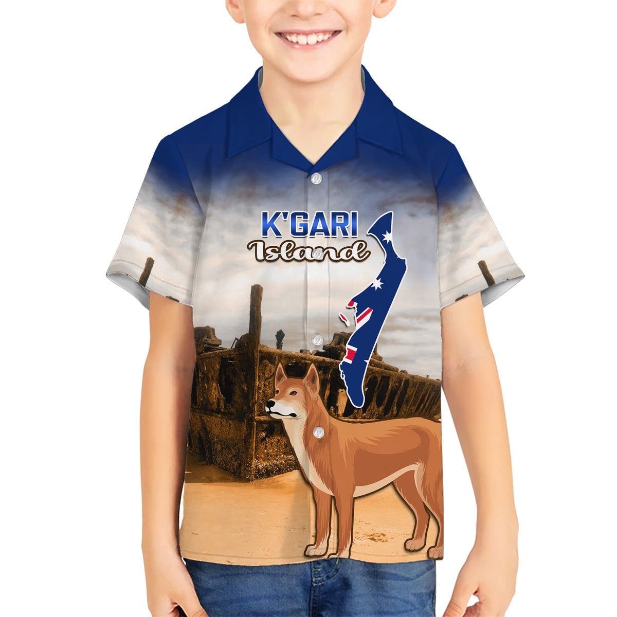 Australia Fraser Island Kid Hawaiian Shirt Dingo With Maheno Shipwreck K'gari Proud