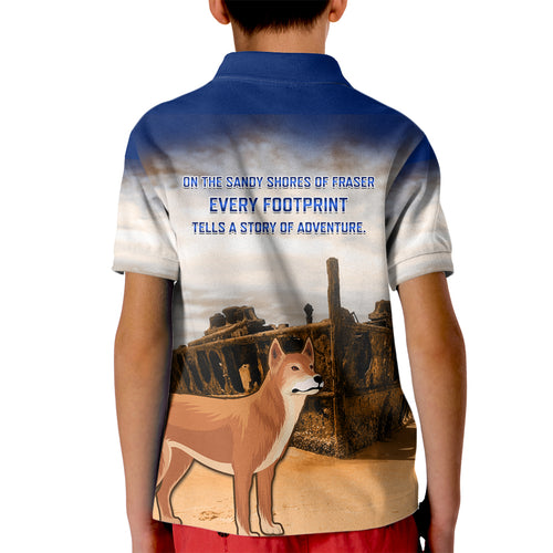 Australia Fraser Island Kid Polo Shirt Dingo With Maheno Shipwreck K'gari Proud