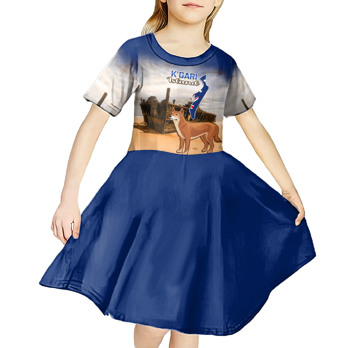 Australia Fraser Island Kid Short Sleeve Dress Dingo With Maheno Shipwreck K'gari Proud