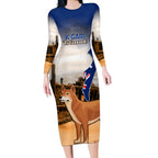 Australia Fraser Island Long Sleeve Bodycon Dress Dingo With Maheno Shipwreck K'gari Proud