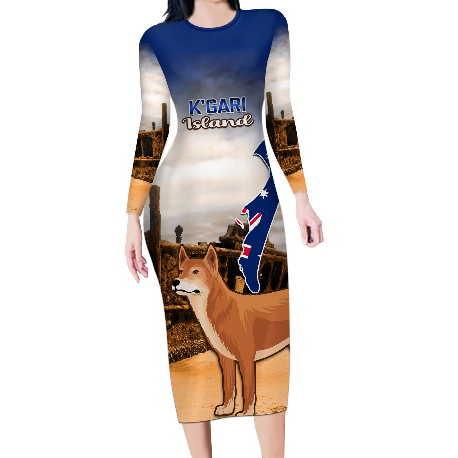 Australia Fraser Island Long Sleeve Bodycon Dress Dingo With Maheno Shipwreck K'gari Proud