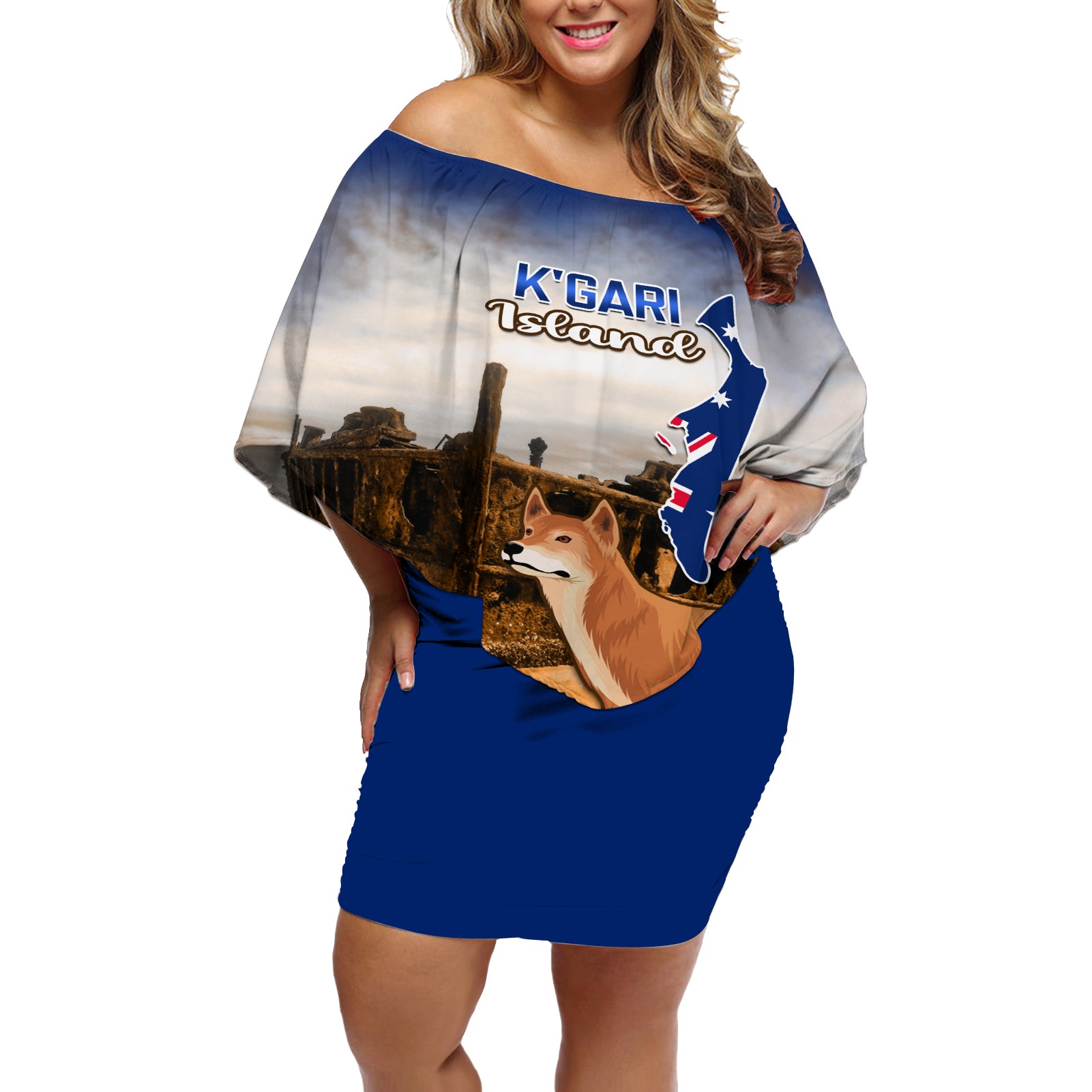 Australia Fraser Island Off Shoulder Short Dress Dingo With Maheno Shipwreck K'gari Proud