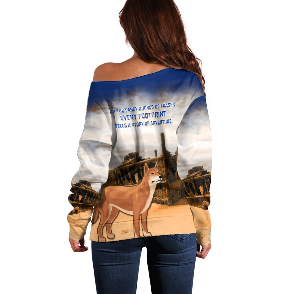 Australia Fraser Island Off Shoulder Sweater Dingo With Maheno Shipwreck K'gari Proud