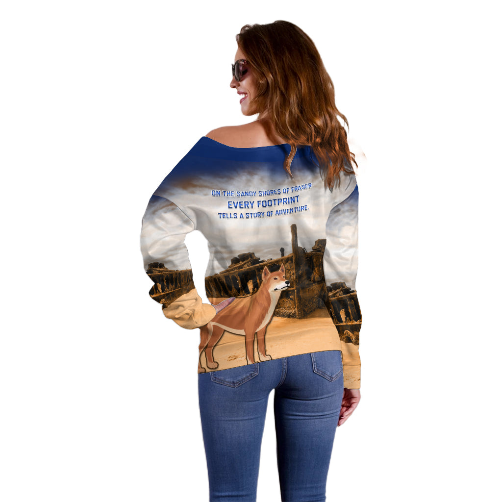Australia Fraser Island Off Shoulder Sweater Dingo With Maheno Shipwreck K'gari Proud