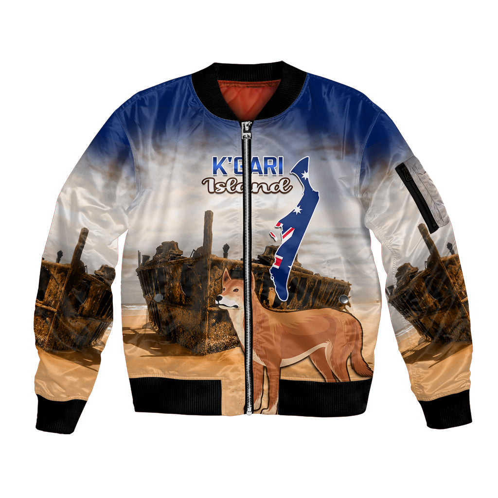 Australia Fraser Island Sleeve Zip Bomber Jacket Dingo With Maheno Shipwreck K'gari Proud