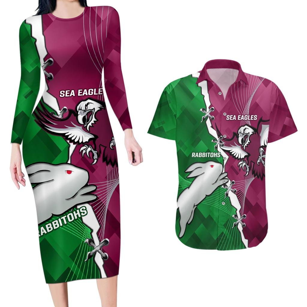 Personalised Rabbitohs And Eagles Rugby Couples Matching Long Sleeve Bodycon Dress and Hawaiian Shirt NRL 2024 Dynamic Together