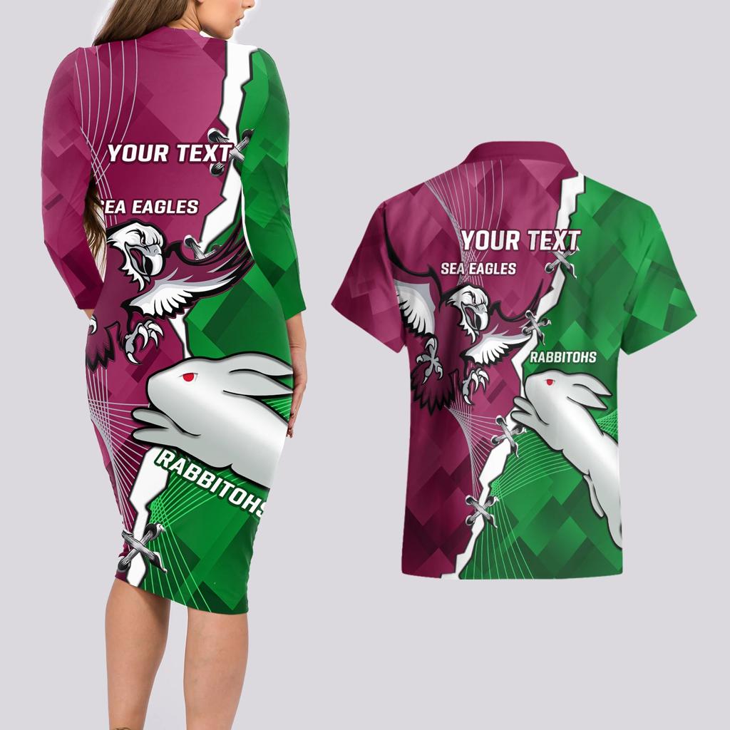 Personalised Rabbitohs And Eagles Rugby Couples Matching Long Sleeve Bodycon Dress and Hawaiian Shirt NRL 2024 Dynamic Together
