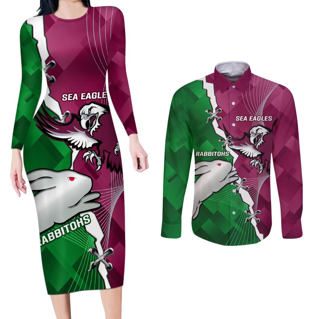 Personalised Rabbitohs And Eagles Rugby Couples Matching Long Sleeve Bodycon Dress and Long Sleeve Button Shirt NRL 2024 Dynamic Together