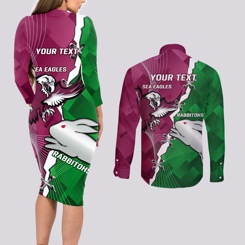 Personalised Rabbitohs And Eagles Rugby Couples Matching Long Sleeve Bodycon Dress and Long Sleeve Button Shirt NRL 2024 Dynamic Together