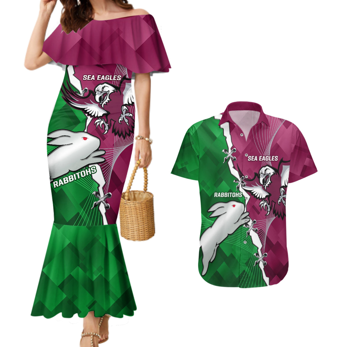 Personalised Rabbitohs And Eagles Rugby Couples Matching Mermaid Dress and Hawaiian Shirt NRL 2024 Dynamic Together