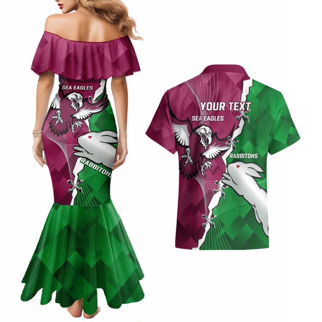 Personalised Rabbitohs And Eagles Rugby Couples Matching Mermaid Dress and Hawaiian Shirt NRL 2024 Dynamic Together