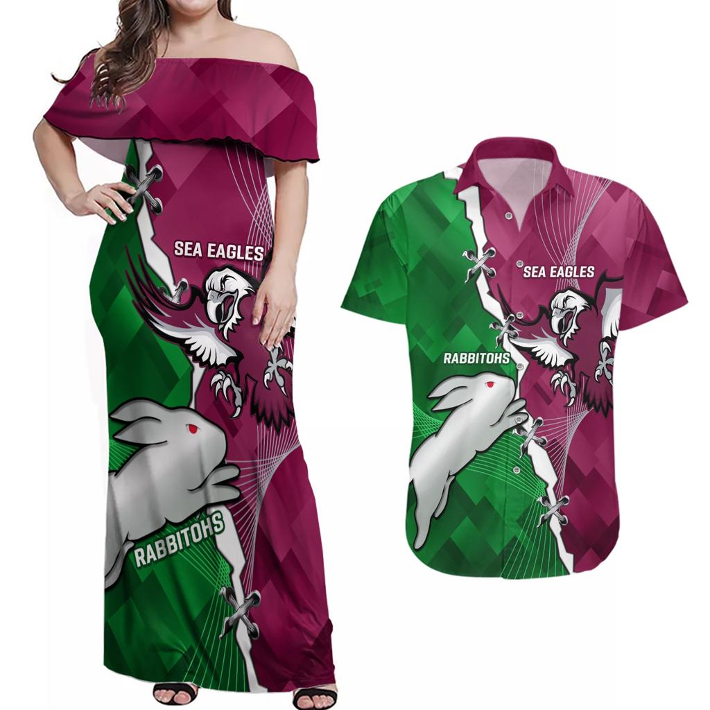 Personalised Rabbitohs And Eagles Rugby Couples Matching Off Shoulder Maxi Dress and Hawaiian Shirt NRL 2024 Dynamic Together