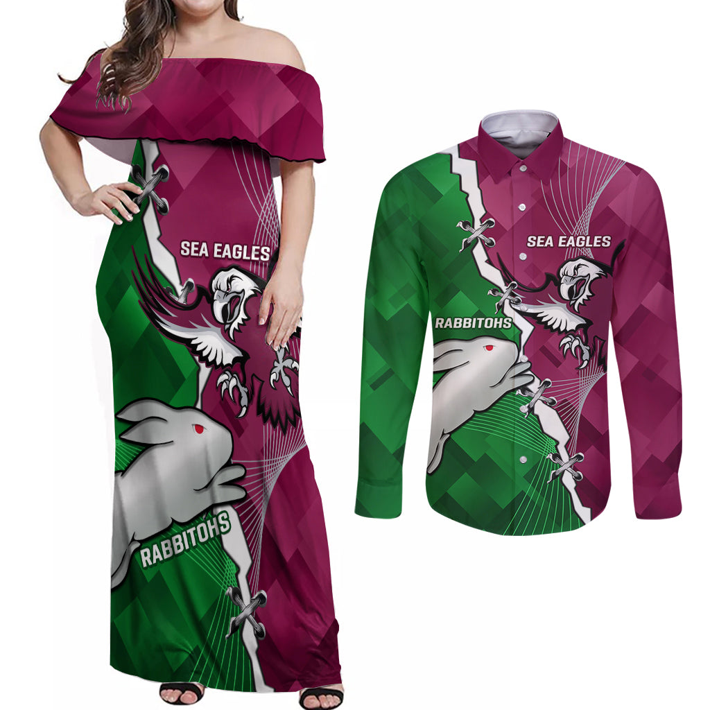 Personalised Rabbitohs And Eagles Rugby Couples Matching Off Shoulder Maxi Dress and Long Sleeve Button Shirt NRL 2024 Dynamic Together