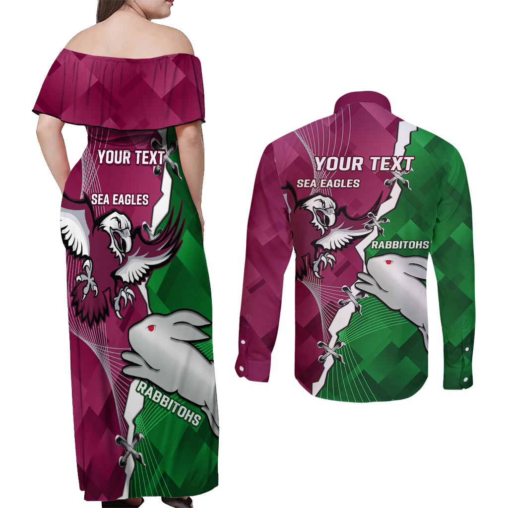 Personalised Rabbitohs And Eagles Rugby Couples Matching Off Shoulder Maxi Dress and Long Sleeve Button Shirt NRL 2024 Dynamic Together