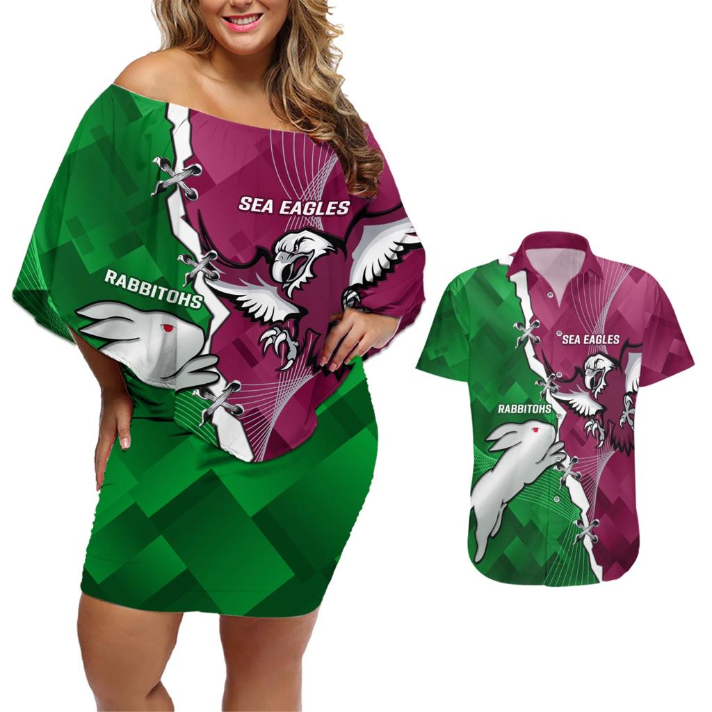 Personalised Rabbitohs And Eagles Rugby Couples Matching Off Shoulder Short Dress and Hawaiian Shirt NRL 2024 Dynamic Together