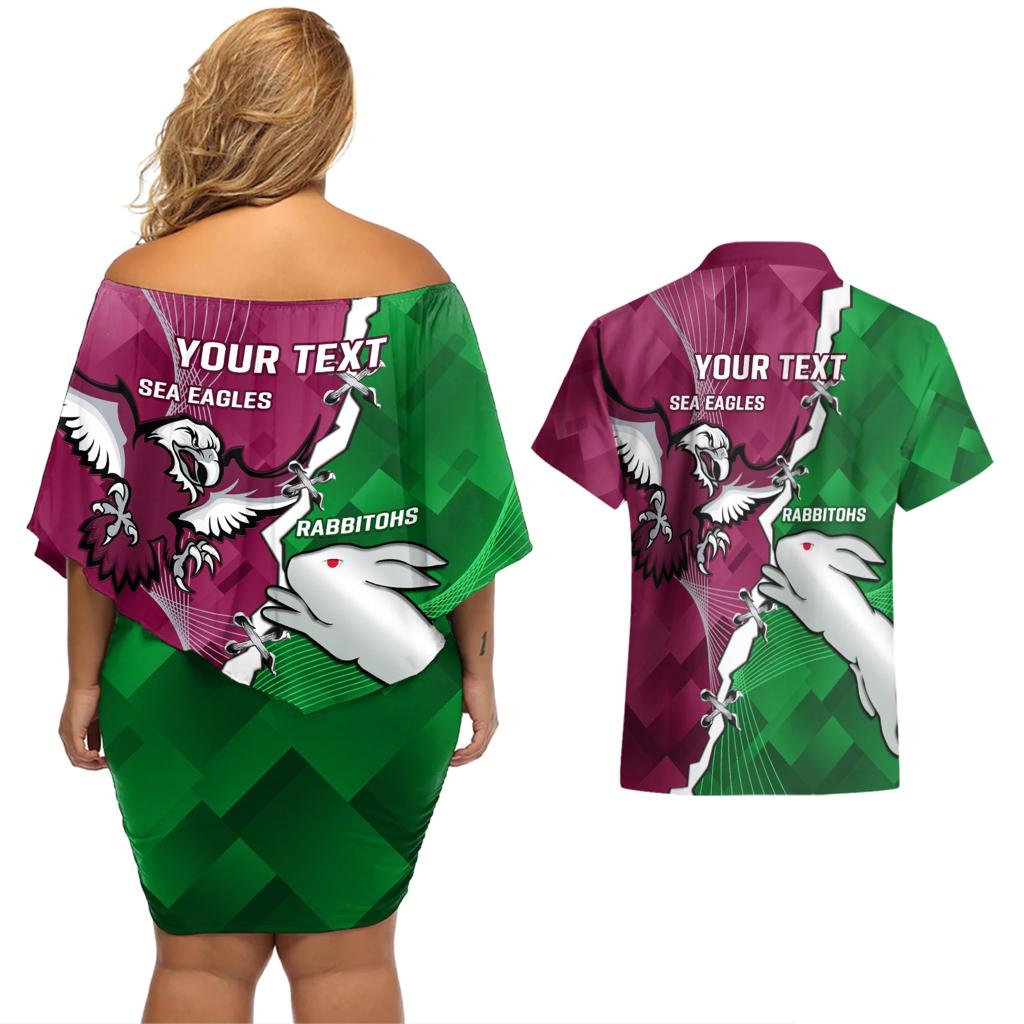Personalised Rabbitohs And Eagles Rugby Couples Matching Off Shoulder Short Dress and Hawaiian Shirt NRL 2024 Dynamic Together