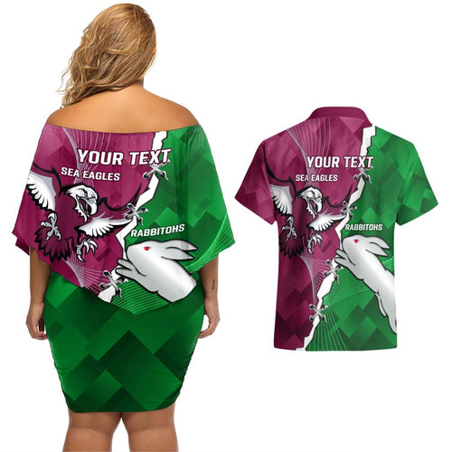 Personalised Rabbitohs And Eagles Rugby Couples Matching Off Shoulder Short Dress and Hawaiian Shirt NRL 2024 Dynamic Together