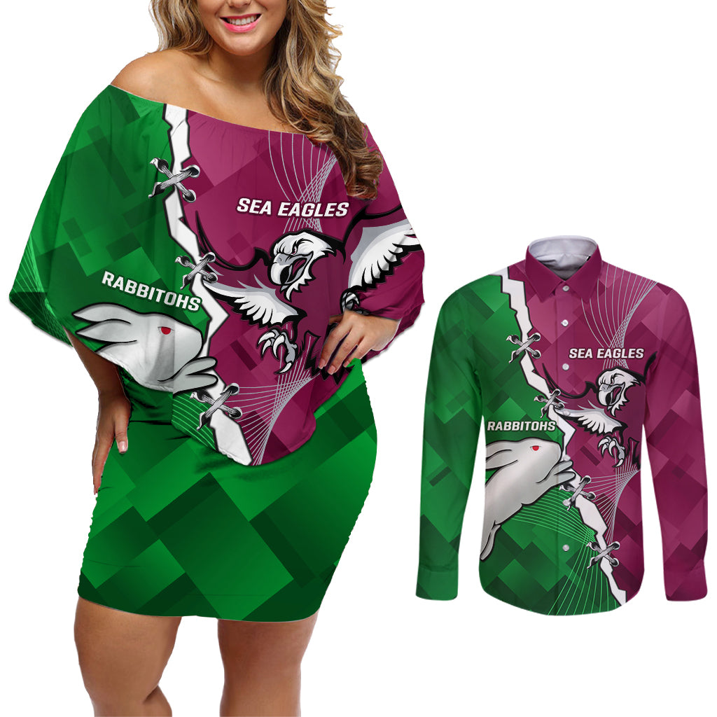 Personalised Rabbitohs And Eagles Rugby Couples Matching Off Shoulder Short Dress and Long Sleeve Button Shirt NRL 2024 Dynamic Together