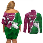 Personalised Rabbitohs And Eagles Rugby Couples Matching Off Shoulder Short Dress and Long Sleeve Button Shirt NRL 2024 Dynamic Together