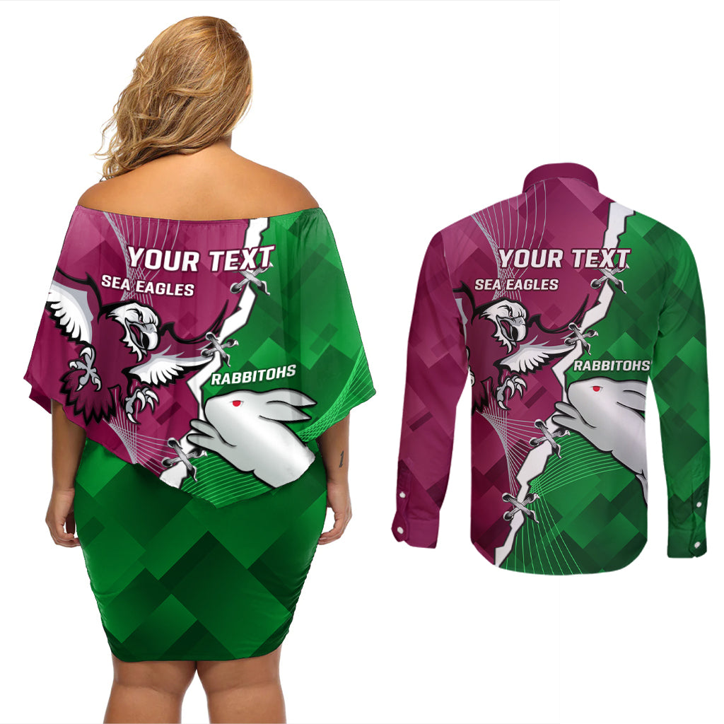 Personalised Rabbitohs And Eagles Rugby Couples Matching Off Shoulder Short Dress and Long Sleeve Button Shirt NRL 2024 Dynamic Together