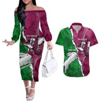 Personalised Rabbitohs And Eagles Rugby Couples Matching Off The Shoulder Long Sleeve Dress and Hawaiian Shirt NRL 2024 Dynamic Together