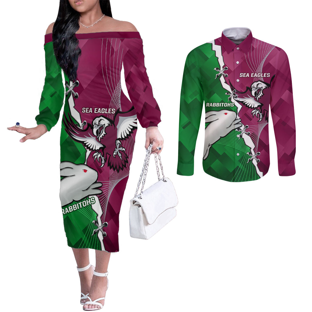 Personalised Rabbitohs And Eagles Rugby Couples Matching Off The Shoulder Long Sleeve Dress and Long Sleeve Button Shirt NRL 2024 Dynamic Together