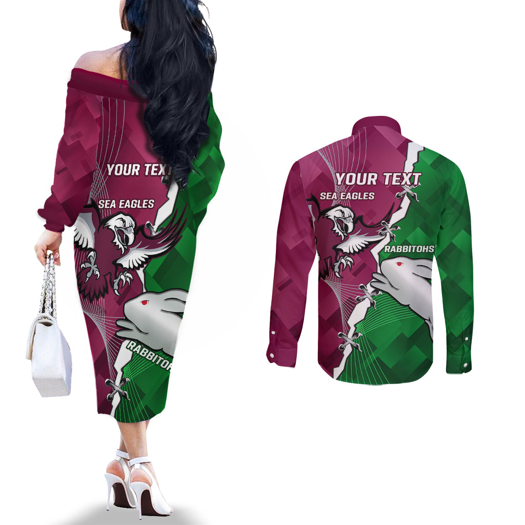 Personalised Rabbitohs And Eagles Rugby Couples Matching Off The Shoulder Long Sleeve Dress and Long Sleeve Button Shirt NRL 2024 Dynamic Together