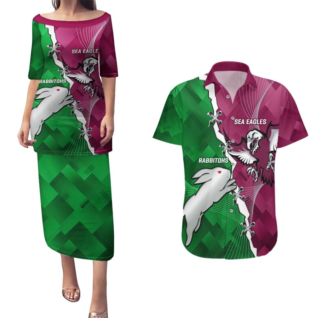 Personalised Rabbitohs And Eagles Rugby Couples Matching Puletasi and Hawaiian Shirt NRL 2024 Dynamic Together