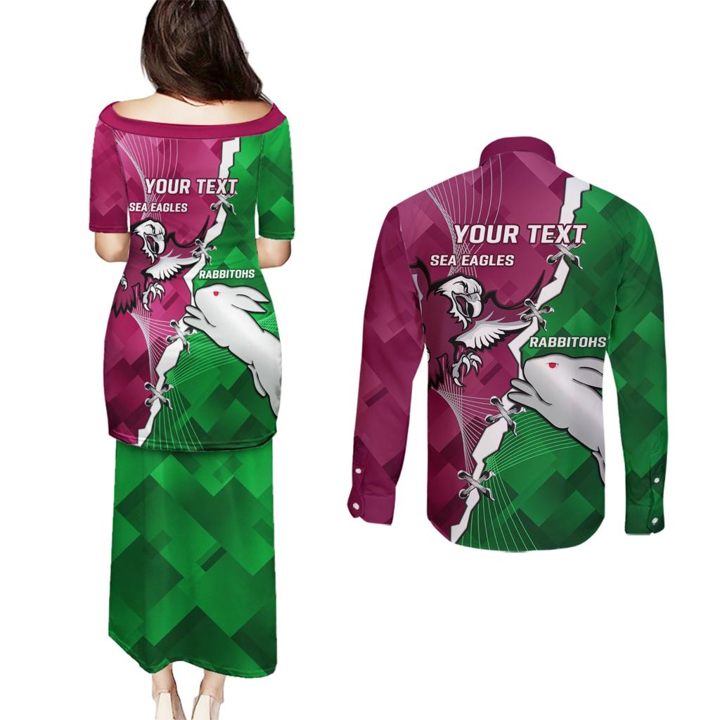 Personalised Rabbitohs And Eagles Rugby Couples Matching Puletasi and Long Sleeve Button Shirt NRL 2024 Dynamic Together
