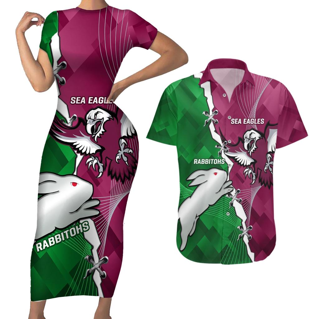 Personalised Rabbitohs And Eagles Rugby Couples Matching Short Sleeve Bodycon Dress and Hawaiian Shirt NRL 2024 Dynamic Together