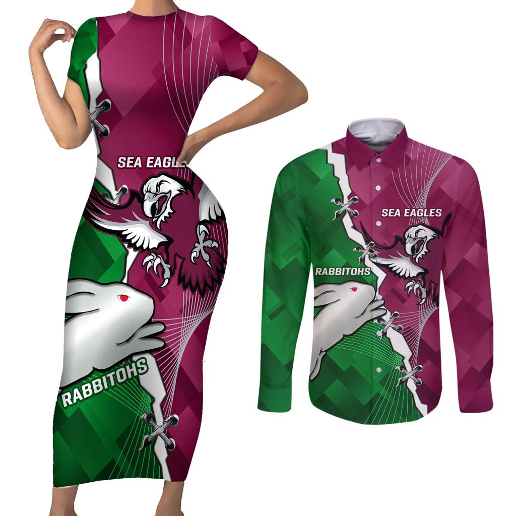 Personalised Rabbitohs And Eagles Rugby Couples Matching Short Sleeve Bodycon Dress and Long Sleeve Button Shirt NRL 2024 Dynamic Together