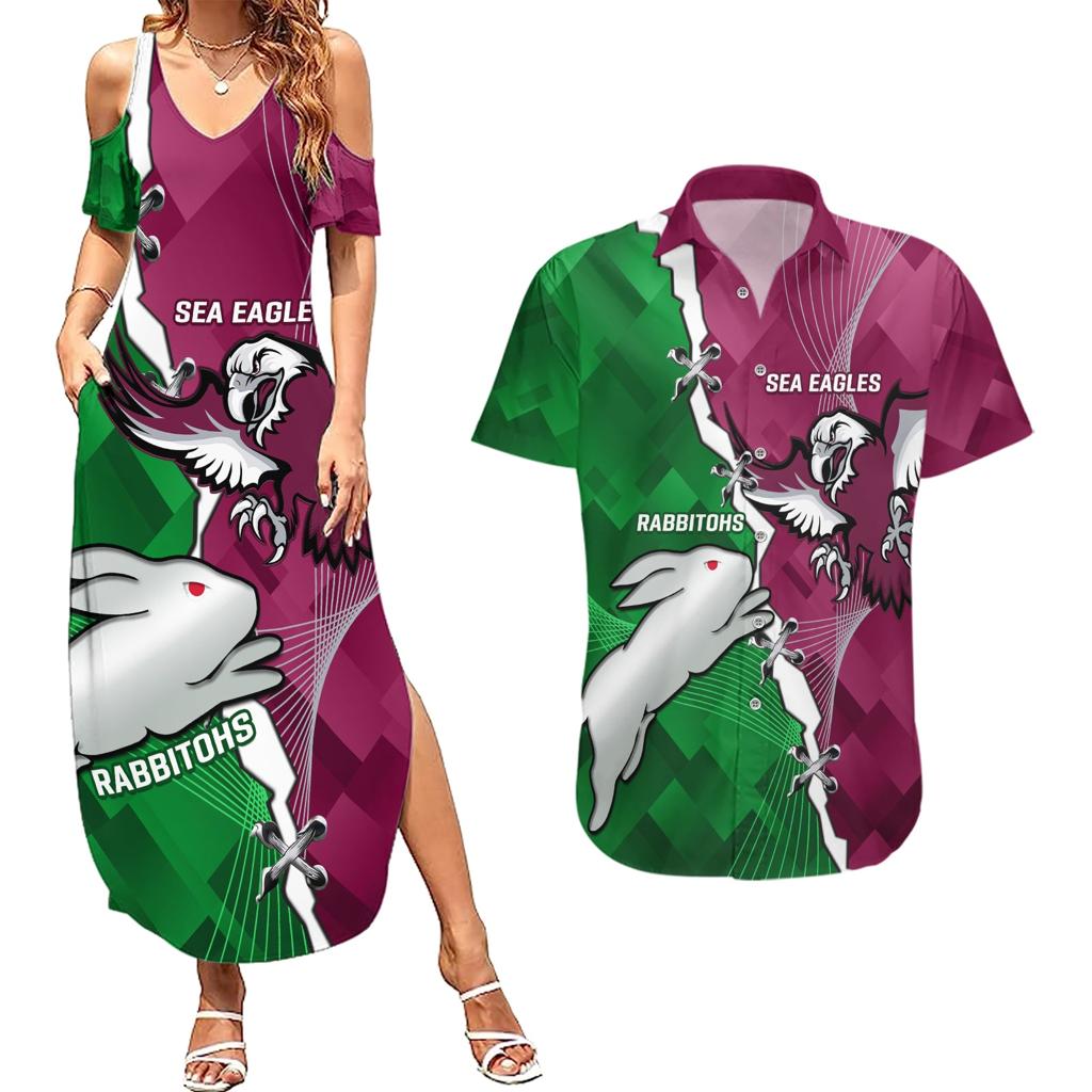Personalised Rabbitohs And Eagles Rugby Couples Matching Summer Maxi Dress and Hawaiian Shirt NRL 2024 Dynamic Together