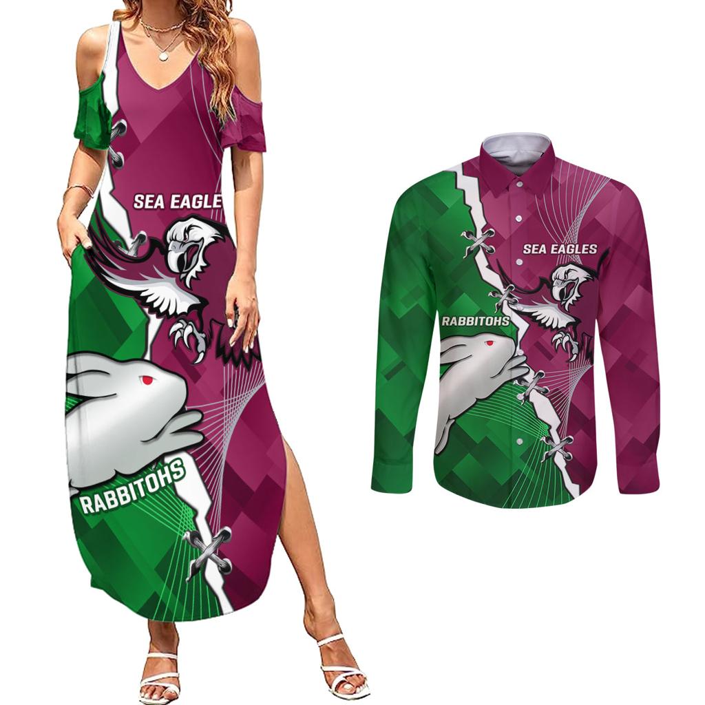 Personalised Rabbitohs And Eagles Rugby Couples Matching Summer Maxi Dress and Long Sleeve Button Shirt NRL 2024 Dynamic Together