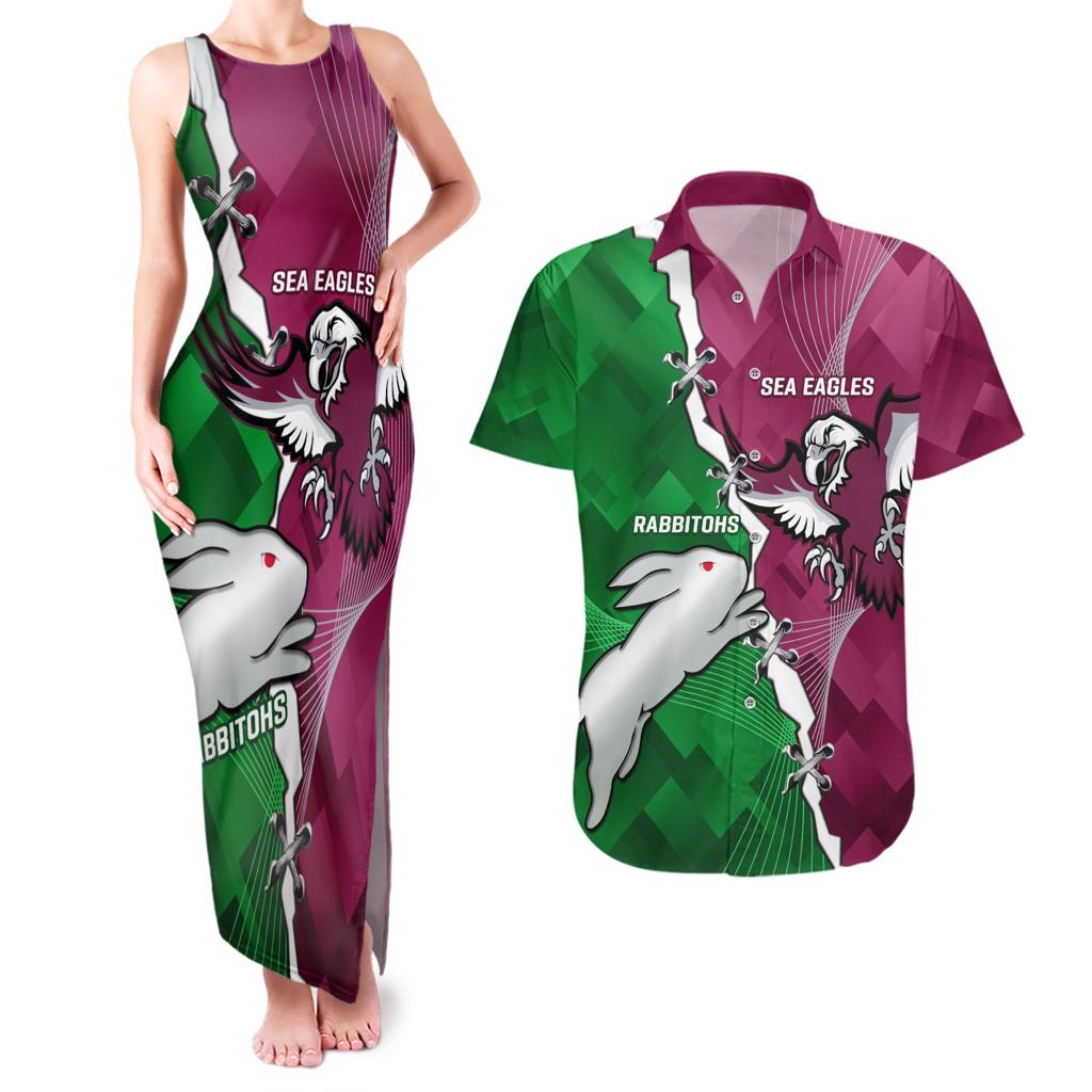 Personalised Rabbitohs And Eagles Rugby Couples Matching Tank Maxi Dress and Hawaiian Shirt NRL 2024 Dynamic Together