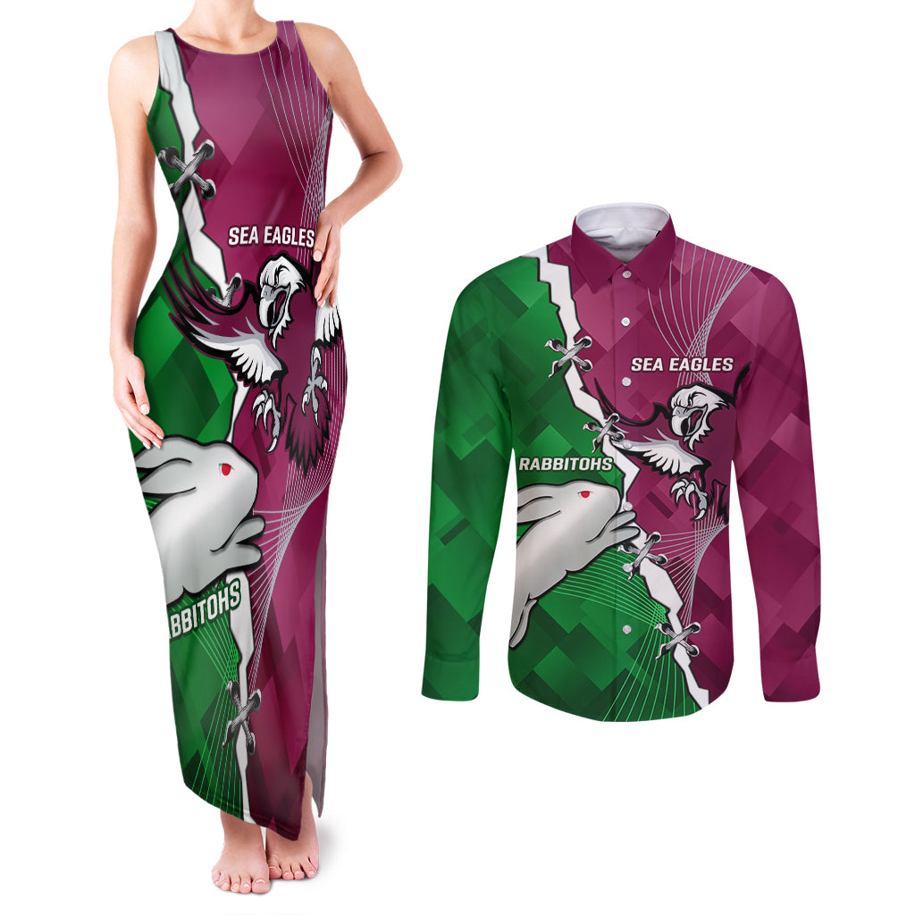 Personalised Rabbitohs And Eagles Rugby Couples Matching Tank Maxi Dress and Long Sleeve Button Shirt NRL 2024 Dynamic Together