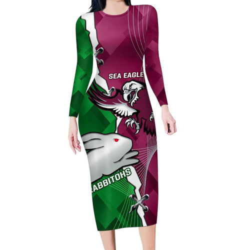 Personalised Rabbitohs And Eagles Rugby Family Matching Long Sleeve Bodycon Dress and Hawaiian Shirt NRL 2024 Dynamic Together