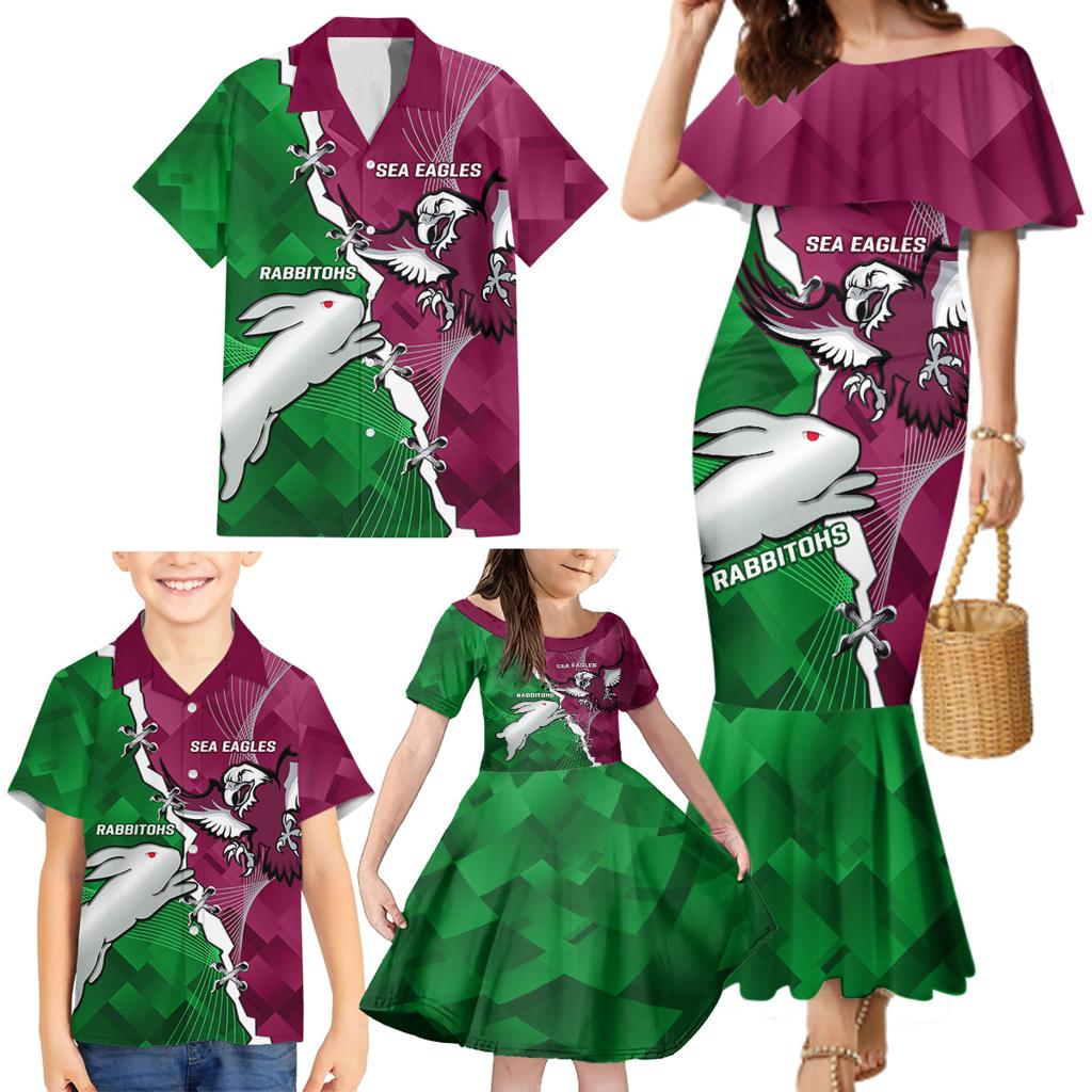 Personalised Rabbitohs And Eagles Rugby Family Matching Mermaid Dress and Hawaiian Shirt NRL 2024 Dynamic Together