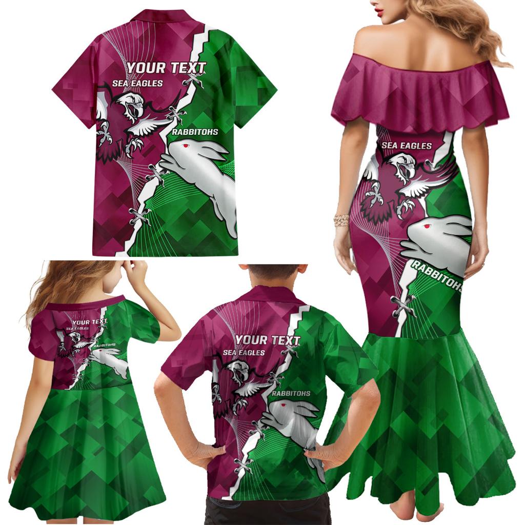 Personalised Rabbitohs And Eagles Rugby Family Matching Mermaid Dress and Hawaiian Shirt NRL 2024 Dynamic Together